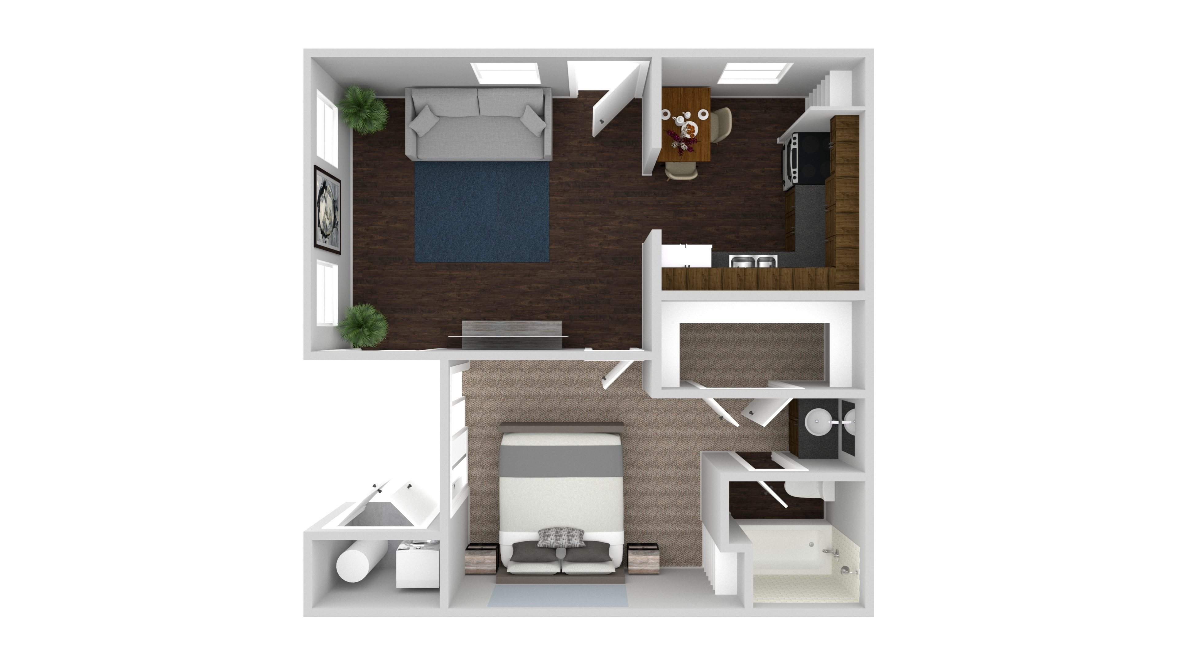 A 3D floor plan of a small apartment with a kitchen, living room, and bedroom.